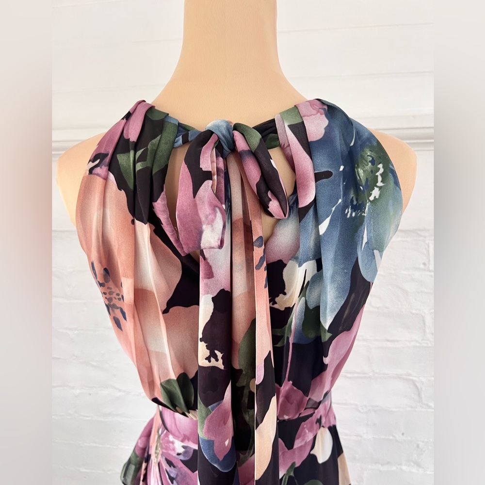 Betsy and Adam Floral Ruffle Slit Chiffon Halter Gown In Wine Rose Chiffon Maxi - Picture 8 of 16